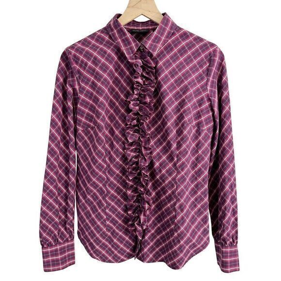 New York & Company Plaid‎ Center Ruffle Button Down Top Purple Pink Size Medium - Picture 1 of 6